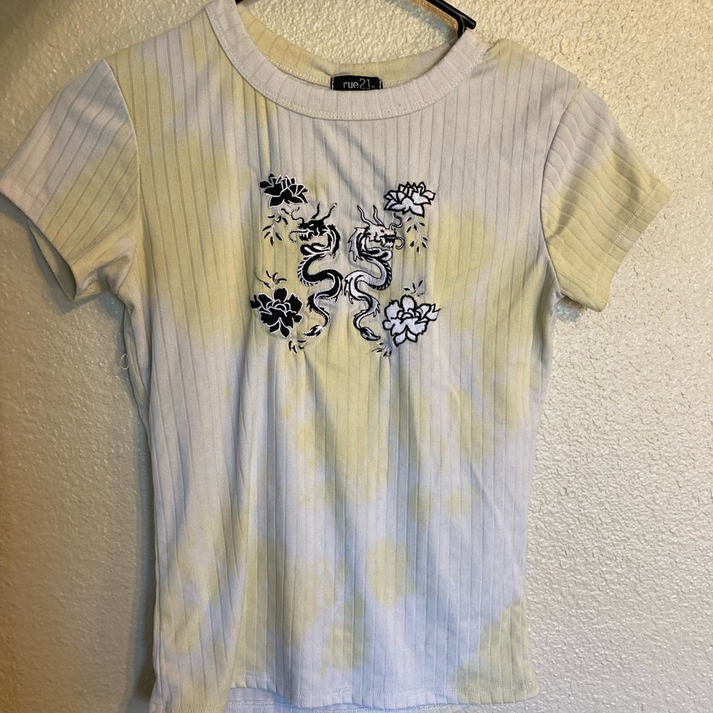 Rue 21 yellow and white tye dye dragon skintight spandex shirt